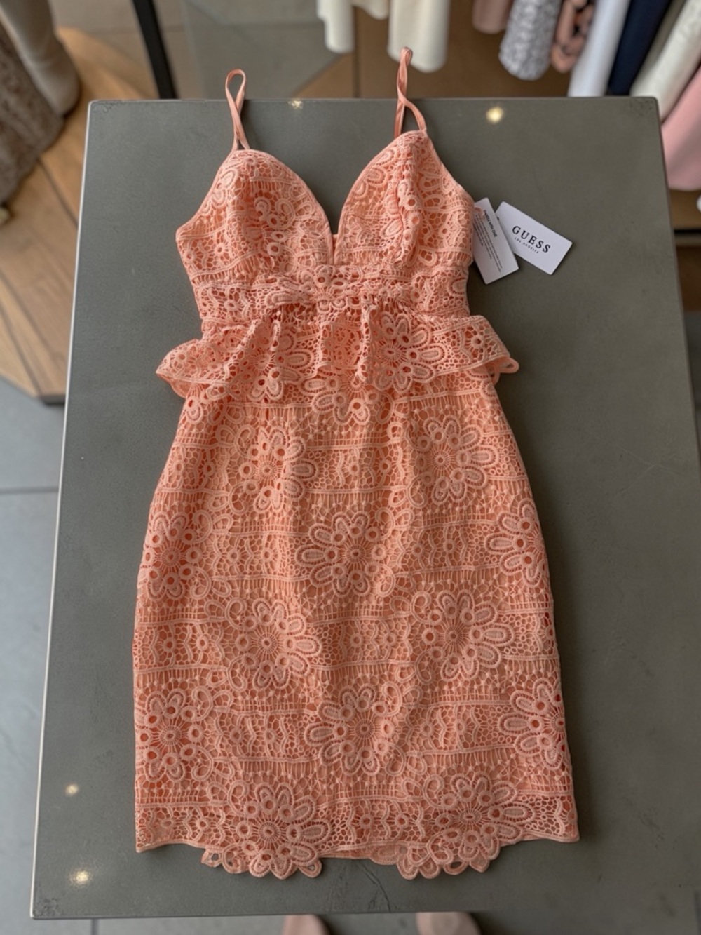 Guess Peach Lace Peplum Mini Dress
